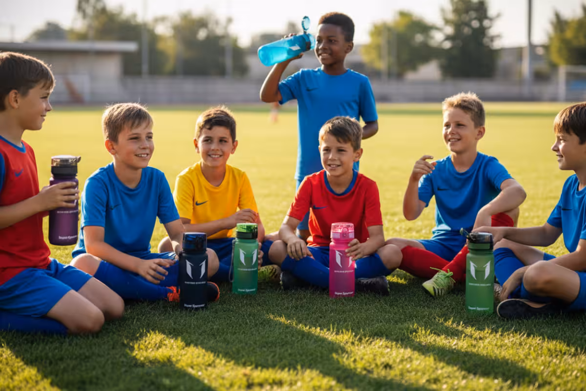 Jeunes footballeurs partageant les gourdes Super Sparrow sur le terrain